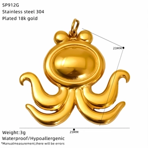 Macro shot of 18k gold plated stainless steel octopus pendant showing detailed dimensions