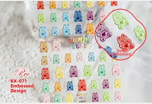 Detailed macro view of 3D embossed gummy bear nail art stickers with colorful patterns