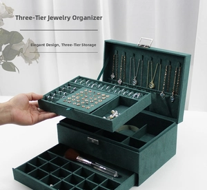Detailed three-layer dark green velvet jewelry box showing spacious compartments and lock