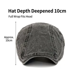 Vintage dark gray washed denim flat cap with a deep fit design and distressed texture