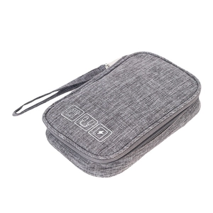 Portable double-layer grey electronic organizer bag for cables and power bank chargers