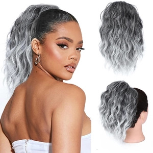 Detailed views of wavy 30cm drawstring ponytail in grey-white gradient synthetic hair