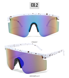 Front and side view of white splatter pattern sports sunglasses with colored mirror lens