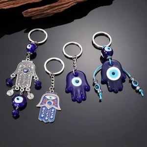 Hamsa Hand Evil Eye Keychain Blue Glass Alloy Protection Bohemian Tassel Pendant Bag Ornament Good Luck Charm