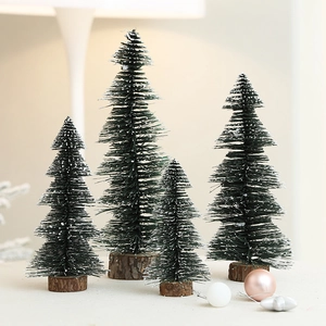 Mini Artificial Christmas Tree Frosted Snow Ornaments Desktop Holiday Decoration With Wood Base Natural Style