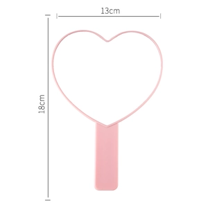 Pink heart-shaped handheld makeup mirror with dimensions 13cm width and 18cm height