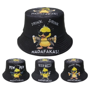 Funny Cartoon Duck Print Bucket Hat Polyester Sun Protection Novelty Streetwear Casual Fisherman Cap For Women Black