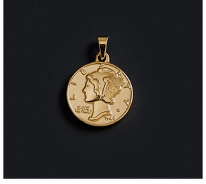 Detailed macro of golden 18K plated stainless steel Liberty coin pendant dated 1944