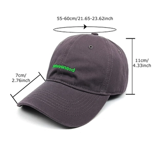 Minimalist cotton baseball cap with green letter embroidery and detailed size measurements