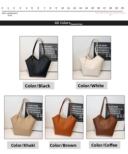 Detail view of large tote bag in five colors showing litchi grain leather and strap details