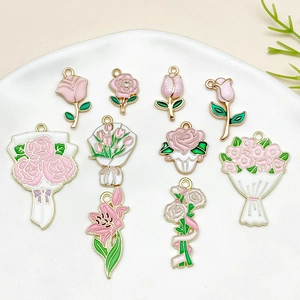 Pink Flower Charms Pendants Enamel Zinc Alloy Rose Tulip Bouquet For DIY Necklace Keychain Jewelry Making Supplies