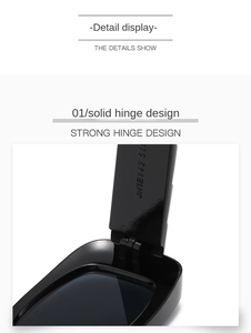 Detailed close-up of strong metal hinge design on black square fashion sunglasses