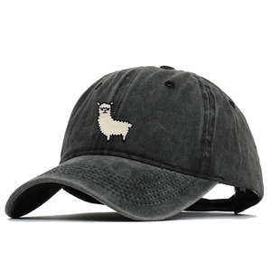Detailed close-up of a charcoal grey washed cotton baseball cap with white alpaca embroidery