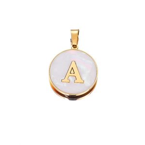 Detailed macro view of a 22mm gold stainless steel letter A pendant with shell inlay