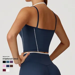 Rückansicht von dunkelblauem Yoga-Set mit weißen Neckholder-Trägern für hohe Belastung