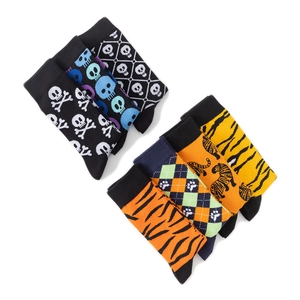 Detail showing assorted cotton crew socks with tiger stripes, skulls, and animal patterns