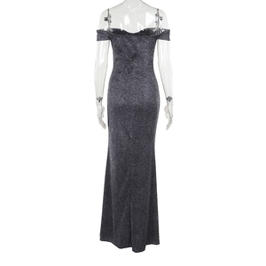 Back view of elegant off-shoulder grey sequin gown with a slim-fit fishtail cut