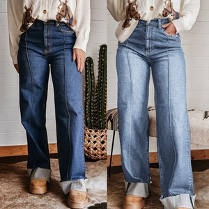 Hoge Taille Wijde Pijpen Jeans Voor Dames Vintage Wassing Denim Katoen En Polyester Middennaad Omgeslagen Zoom