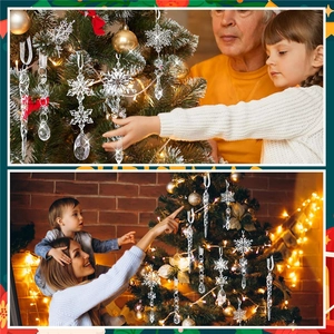 Set of clear acrylic Christmas ornaments with snowflakes and icicles on a festive tree