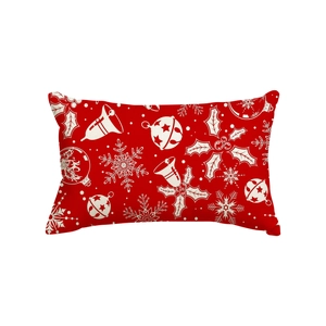 Red Christmas linen lumbar pillow case with white holiday bells and snowflakes print