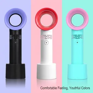 Portable bladeless handheld mini USB fan in three pastel colors with matching stand