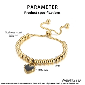 Détails d'un bracelet en perles d'acier inoxydable de 6mm avec pendentif coeur noir 18x14mm