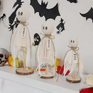 Set of 3 Halloween white ghost pillar ornaments with wooden base and gauze fabric decor