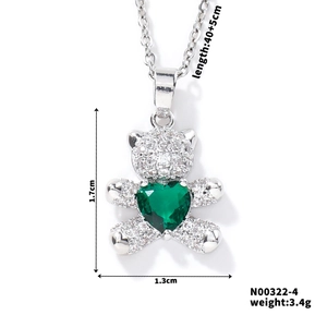 Detail view of cz bear pendant size 1.7x1.3cm with green heart stone and 45cm chain