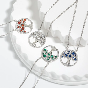Bohemian Tree of Life necklaces with colorful zircon stones in a silver finish set of four