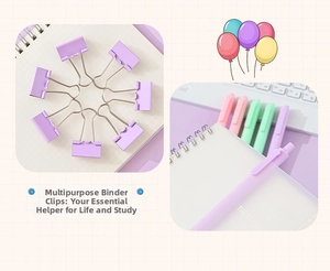 Detail of purple binder clips and macaron pastel pens with a translucent notebook