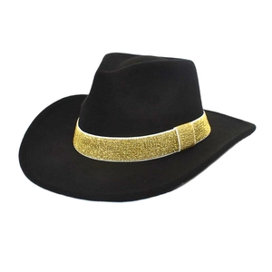 Chapeau De Cowboy Western Rétro Fedora À Large Bord Feutre Ruban Pailleté Or Jazz Pour Hommes Femmes
