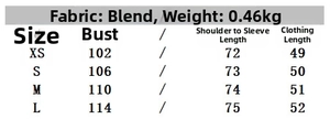 Size chart table for women short trench coat showing bust and sleeve measurements