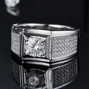 Luxury men's 925 sterling silver wide band ring with D-color moissanite on black background