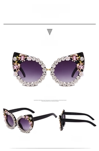 Three angles of cat eye sunglasses with rhinestones and pink floral ornaments
