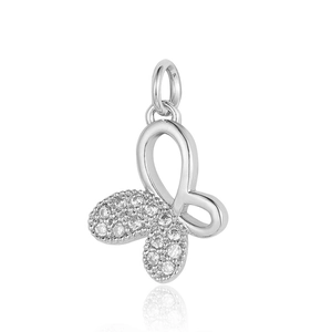 Macro view of silver butterfly pendant with cubic zirconia stones and metal loop