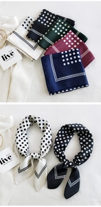 Polka dot silk scarf collection in multiple colors shown folded and tied on shirts