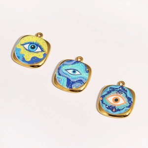 Artistic oil painting evil eye pendants in square gold stainless steel frames