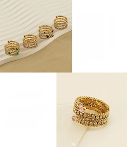 Close-up of 18K gold plated multi-layer stainless steel ring with colorful zircon stones