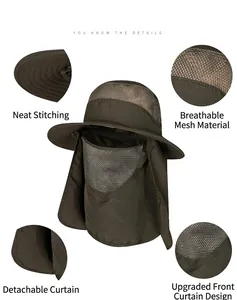 Deep olive sun hat with wide brim, detachable face cover, and breathable mesh zones