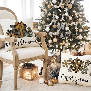 Christmas cushion covers with vintage gift and snowflake prints on linen fabric