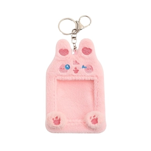 Pink plush rabbit photocard holder with embroidery and a silver keychain clip