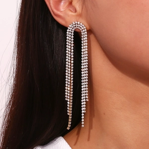 Sparkling multi-row tassel earrings with zircon studs in 18K gold plated steel