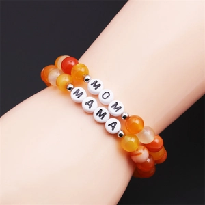 Handmade orange agate beaded bracelet set with MOM and MAMA letter charms for Mother's Day