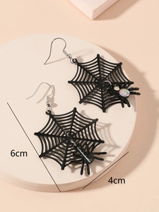 Detail view of spider web earrings with rhinestone spider and size measurements