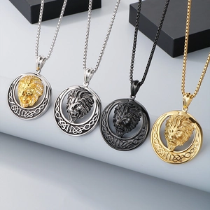 Lion Head Pendant Necklace With Stainless Steel And Zirconia Retro Hip Hop Celtic Knot Round Medallion Men Jewelry