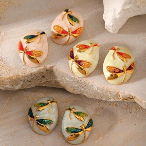 Vintage Dragonfly Enamel Stud Earrings 304 Stainless Steel 18K Gold Plated Oval Shape Colorful Fashion Jewelry For Women