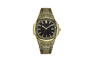 Detail view of vintage gold-tone carved watch featuring baroque textures and black dial