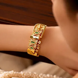 18k gold plated geometric link bracelet with green gemstones and buckle design