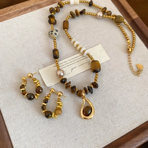 Tiger's Eye Beaded Necklace And Hoop Earrings Jewelry With 925 Sterling Silver Earring Post Teardrop Pendant Retro Vintage