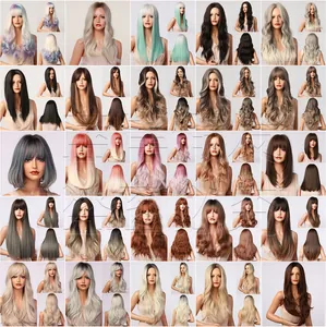 Collage of long synthetic wigs in various gradient colors including pink and blonde